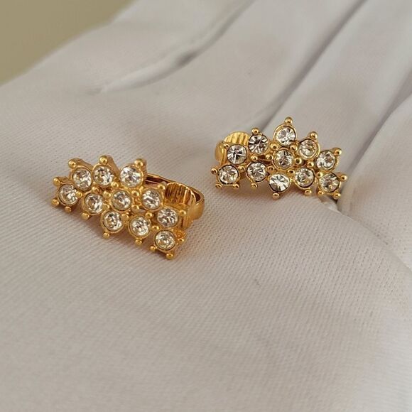 Earrings 𝅺Vintage Gold Tone Crystal Clip On Earrings #0129 - Picture 8 of 8